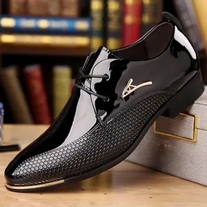 Men's Black Shiny Patent Dress Shoes - Pointed Toe Lace Up Oxford with Honeycomb Texture & Gold Metal Accent, Formal Business Casual Shoes for Office Wedding Party