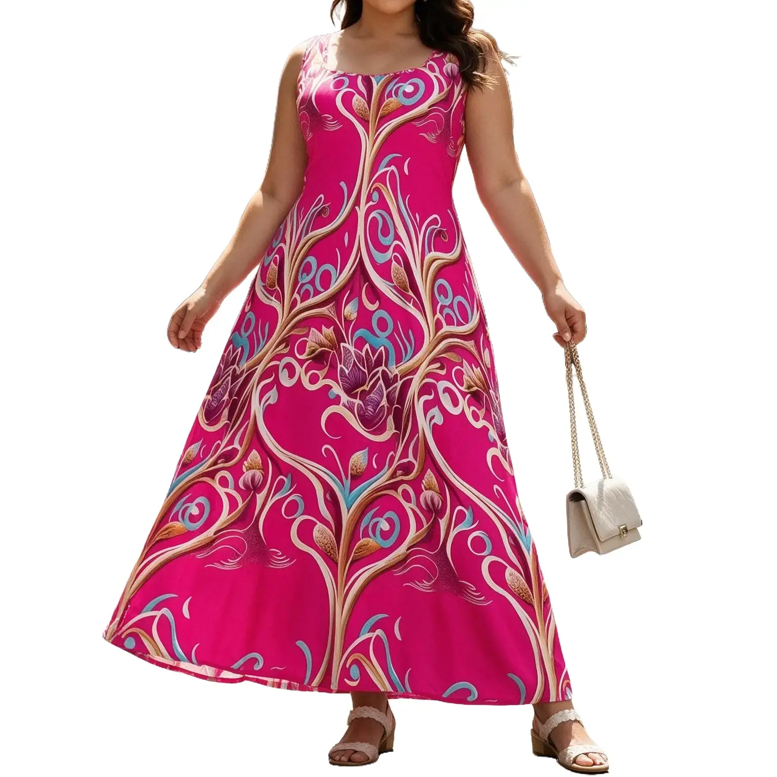 Women’s Plus Size Boho Maxi Dress - Ethnic Print, Openback, Scoop Neck, Sleeveless A-Line, Flowy Lightweight Breathable Comfortable, Casual Summer Beach Vacation Outfit, Boho Clothes for Holiday Resort Wear, Plus Size Dresses