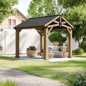 10' x 10' Outdoor Cedar Wood Gazebo, Permanent Hardtop Wooden Pavilion with Galvanized Steel Gable Roof, Ideal for Patio, Deck, Backyard & Garden