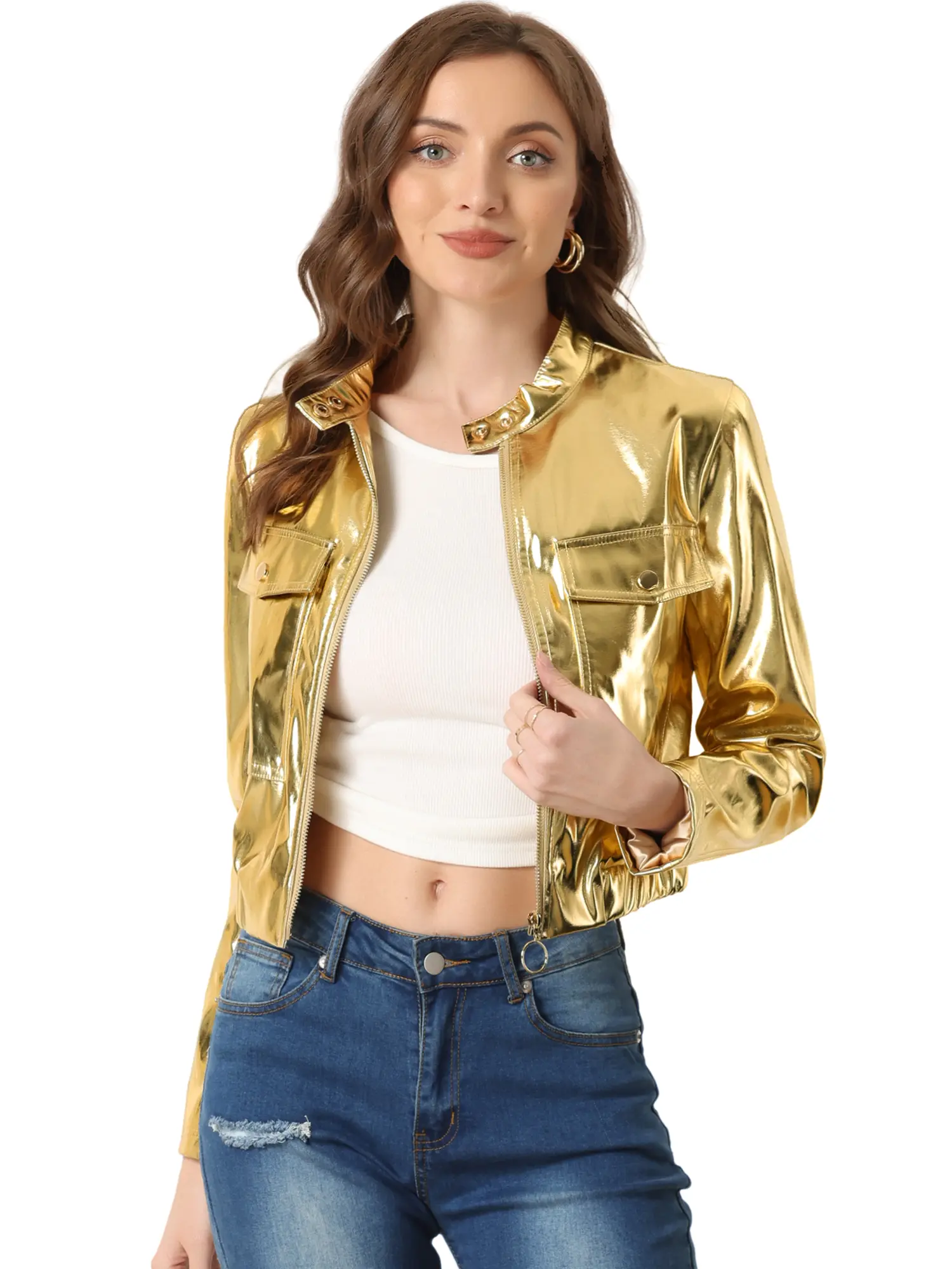 INSPIRE CHIC Crop Moto Jacket Women's Zip Up Glitter Holographic Metallic Jacket