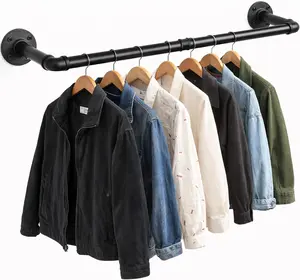 Industrial Pipe Clothes Rack 38.4" Wall Mounted, Heavy Duty Iron Garment Bar, Space-Saving Hanging Rod for Closet, Laundry Room, Bedroom, Black