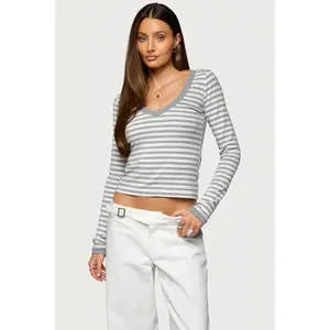 Kimi Striped Long Sleeve V Neck Top