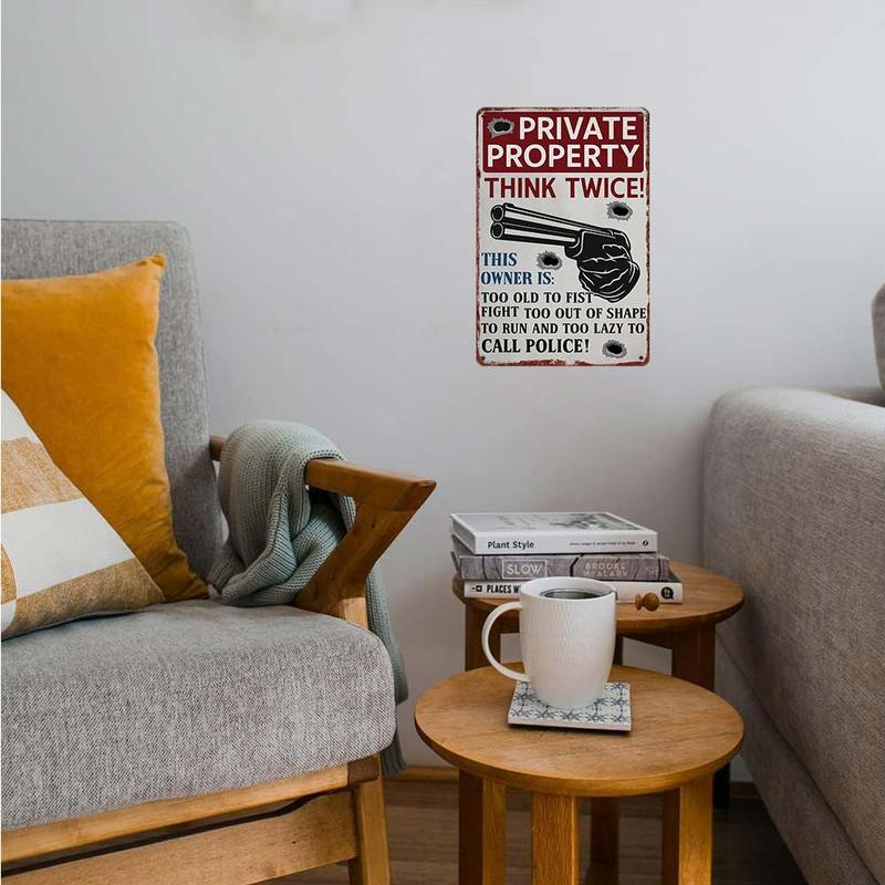 "Private Property - Think Twice!" Vintage Aluminum Metal Sign - 12x8in Funny Home Protection Wall Decor Hanging Lazy Safety Signage