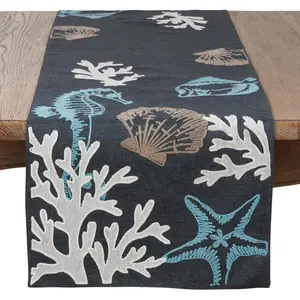 SARO  16 x 70 in. Rectangular Sea life Print Table Runner - Blue