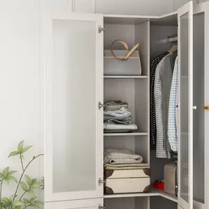FUFU&GAGA L-Shape Armoire Wardrobe Closet with Frosted Glass Doors, Hanging Bar & Shelves, Wooden Closet Storage Cabinet for Bedroom Furniture Organizer