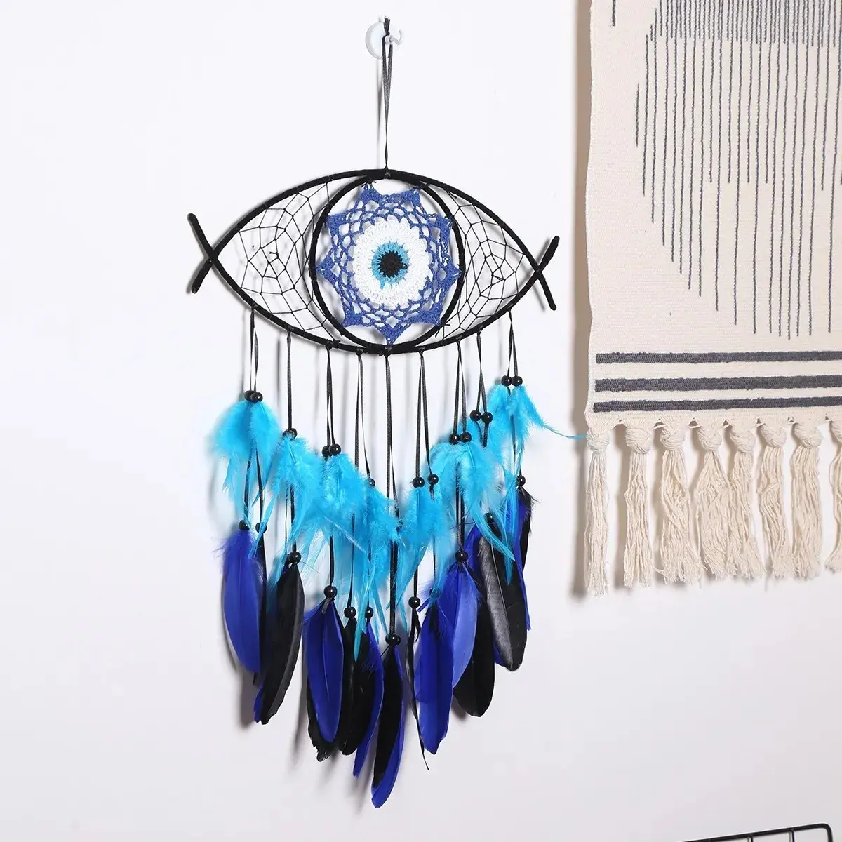 Handmade Turkish-Nordic Eye-Shaped Blue Feather Dreamcatcher, 1/2-Layer Feathers, 140g Excellent Texture Wall Hanging Decor, Bohemian Home Decor for Decoration or Gifting