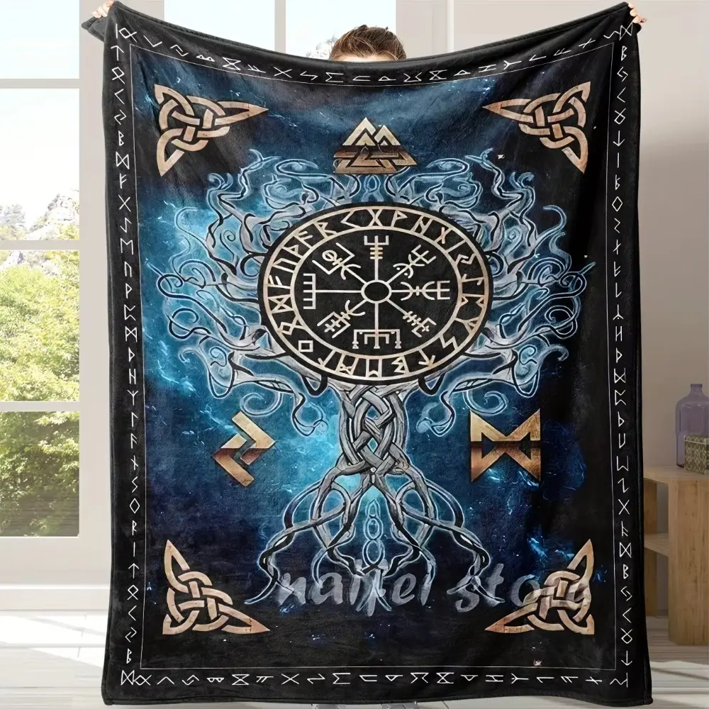 VIKAMA Nordic Rune Nautical Blanket Viking Compass Celtic Knot Mystic Totem Living Room Bedroom Nautical Theme Blanket Soft Funny Throw Blanket Cozy Lightweight Plush Portable Cover Blanket