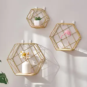 3pcs Hexagon Floating Shelves Wall Decor Golden Metal Wire & Wood Rustic Storage Shelves for Bedroom Living Room Kitchen Bathroom JM1355558 Hanging Wooden Golden-Mesh