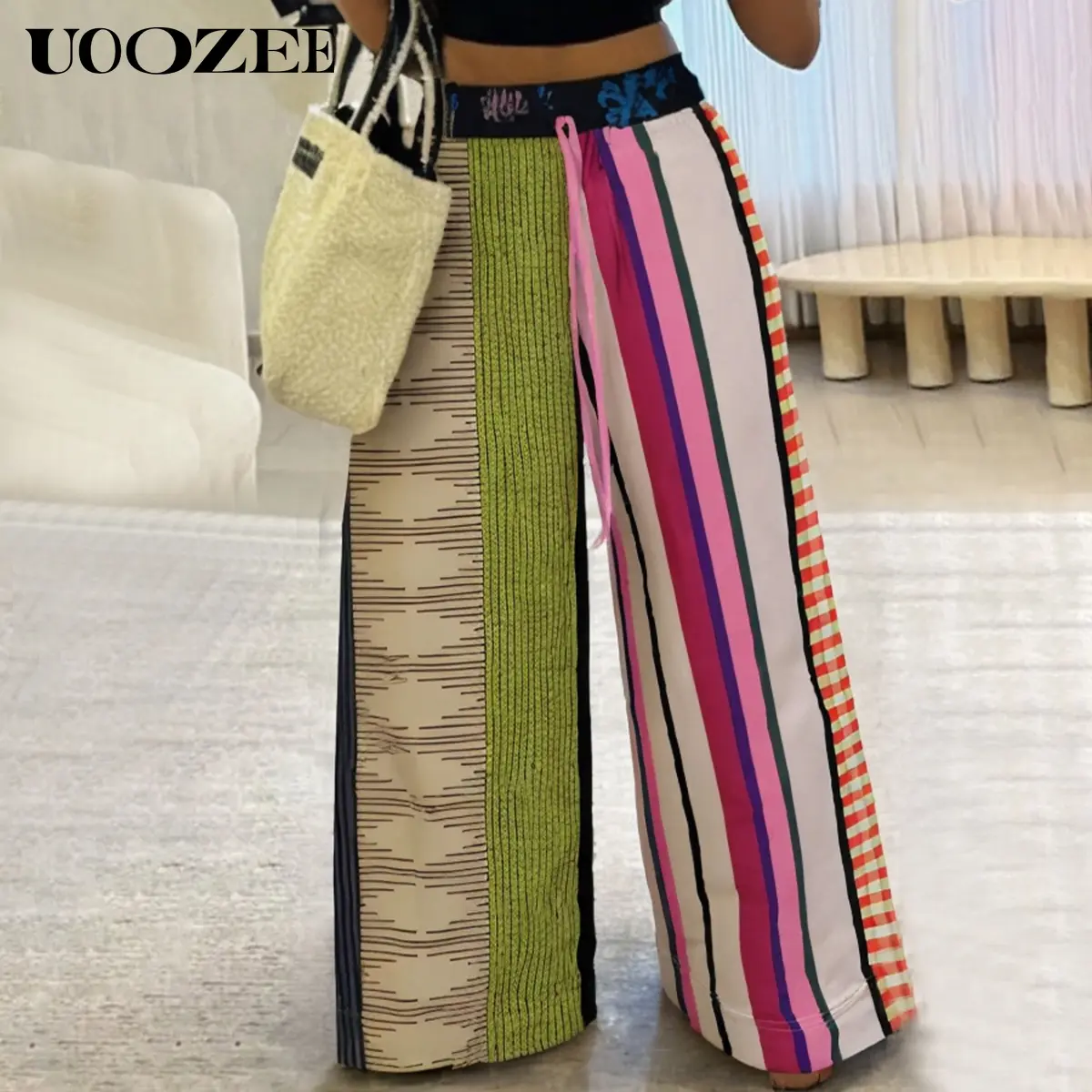 UOOZEE Women's Striped Pants, High-Waist Loose Fit Wide Leg Polyester Trousers with Pockets and Contrast Drawstring, Breathable Casual Bottoms, Bottom UOOZEE Women's Striped Pants, High-Waist Loose Fit Wide Leg Polyester Trousers with Pockets and Contrast Drawstring, Breathable Casual Bottoms, Bottom