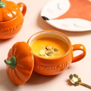 Ceramic Pumpkin Cup Set, Water Mug, Breakfast Bowl with Lid, Oatmeal Bowl, Noodles Bowl, Steamed Egg Bowl, Durable Kitchenware