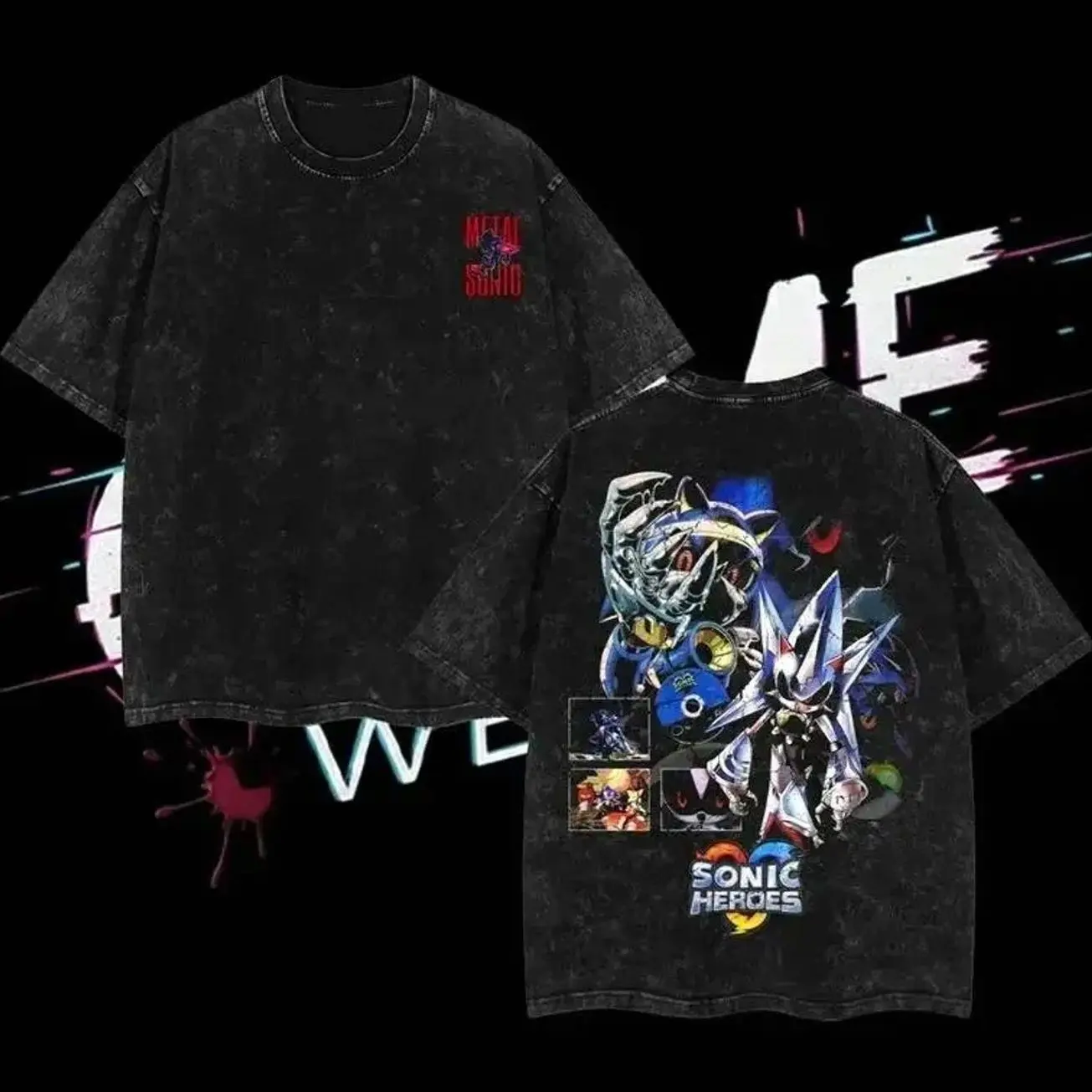 Metal Sonic Hedgehog T-Shirt | Sonic Heroes Villain Acid Washed Oversized Tee, Retro Gaming Robot Bootleg Style, Heavyweight Fandom Apparel. MNM RS8