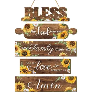 Sunflower Kitchen Wall Decor Bless The Food Before Us Sign Farmhouse Wooden Signs Rustic Dining Room Wall Art Country Vintage Hanging Decoration for Home Kitchen Room(Classic Style)