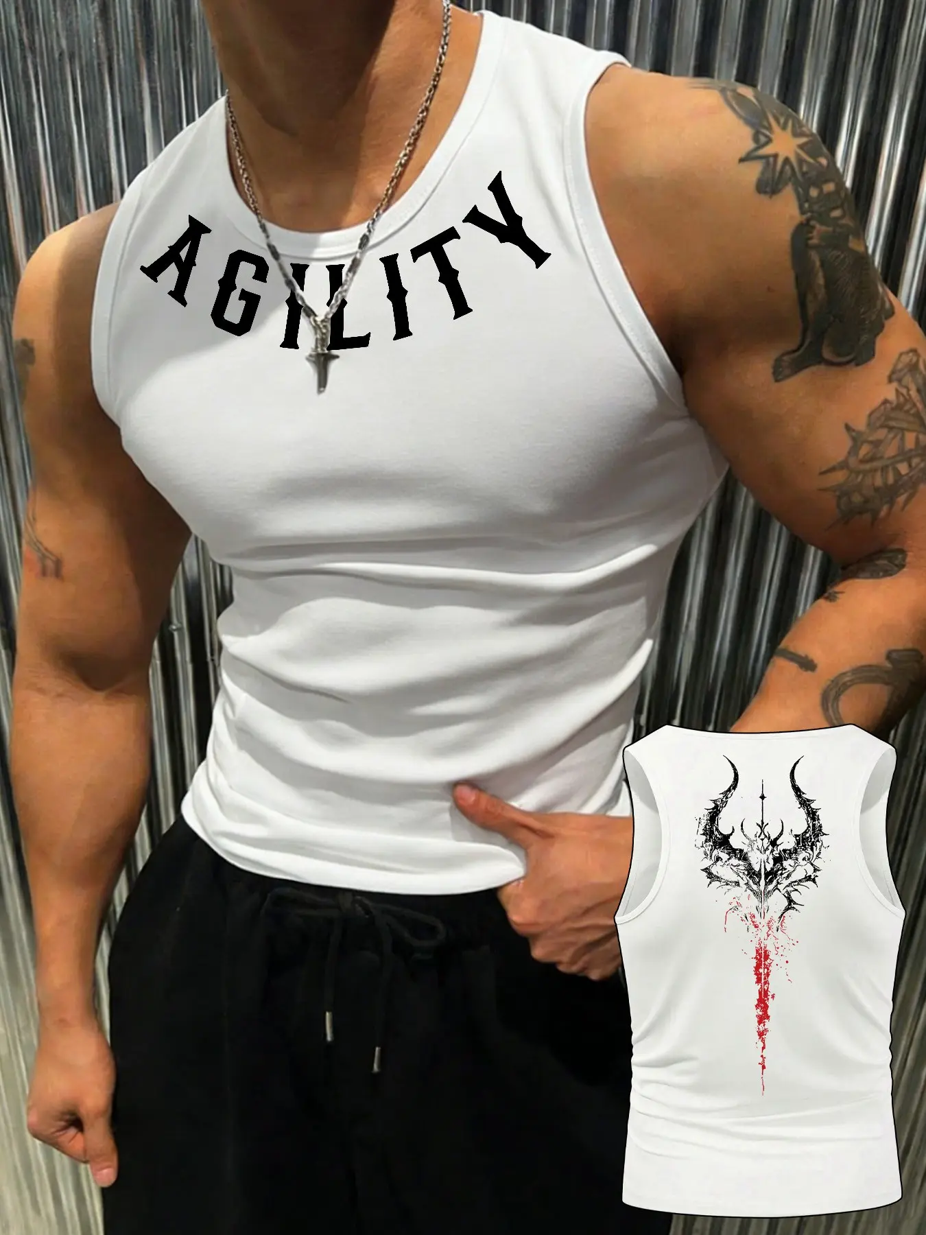 Gothic Style Fitness Workout Vest, Slim Fit Design, Dual-Sided Print, Front Agility Text, Back Demon Pattern, Soft Elastic Fabric, Sports Vests, Graphic Print Vest