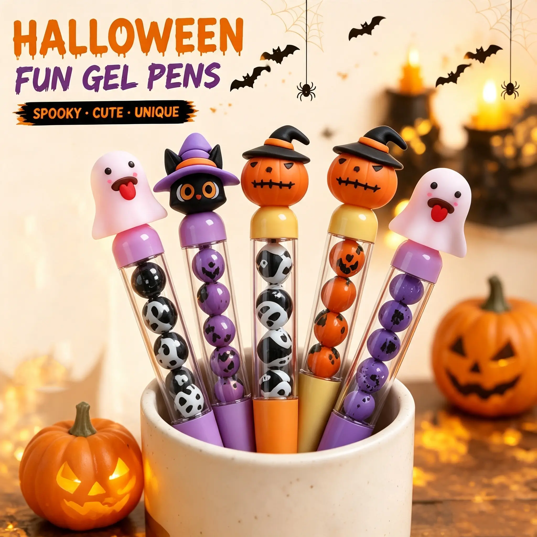 Halloween Rotating Neutral Pens, Cute Aesthetic Stress Relief Pens with Smooth Quick-Dry Ink, 3D Cartoon Beaded Pen Rods, Ghost Pumpkin Beads Fun Design Writing Stationery