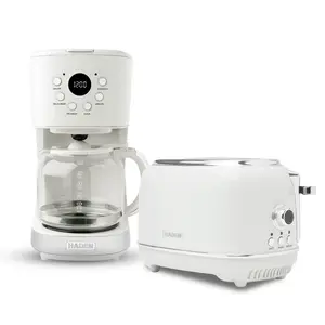 Haden 12 Cup Coffee Maker with 2 Slice Wide Stainless Steel Bread Toaster, White