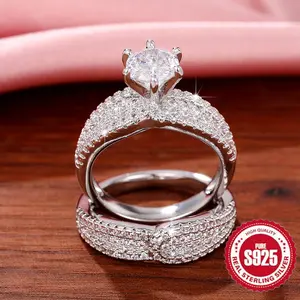 2-Piece Set of 925 Sterling Silver Elegant Ring with 6 One Spikes, Suitable as Engagement and Wedding Jewelry, Unisex, Perfect Gift for Lovers