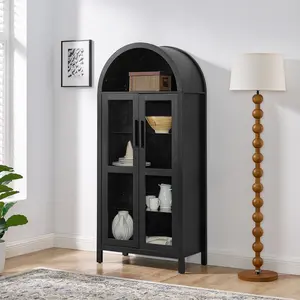 Modern Wood & Glass Storage Cabinet with Adjustable Shelves - Arched Kitchen Pantry & Bathroom Storage Cabinet with Doors | Multi-Functional Display Cabinet