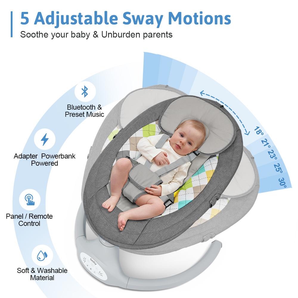 COMOMY Baby Swing for Infants with 5 Natural Sway Speeds, Portable Bt Music Baby Swing with Remote Control & 5-Point Harness, Hands-Free Baby Soother, Lightweight Baby Rocker for 5-20 Lb, 0-6 Months, Grey, Valentine's Day