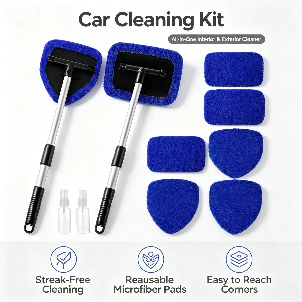 10 Piece 180° Rotatable Head Car Windshield Cleaning Tool Kit, Interior Exterior Glass Cleaner Set with 2 Retractable Aluminum Handles, Reusable Microfiber Pads & Spray Bottles, for Car Inside Window Fog, Dust & Stain Removal