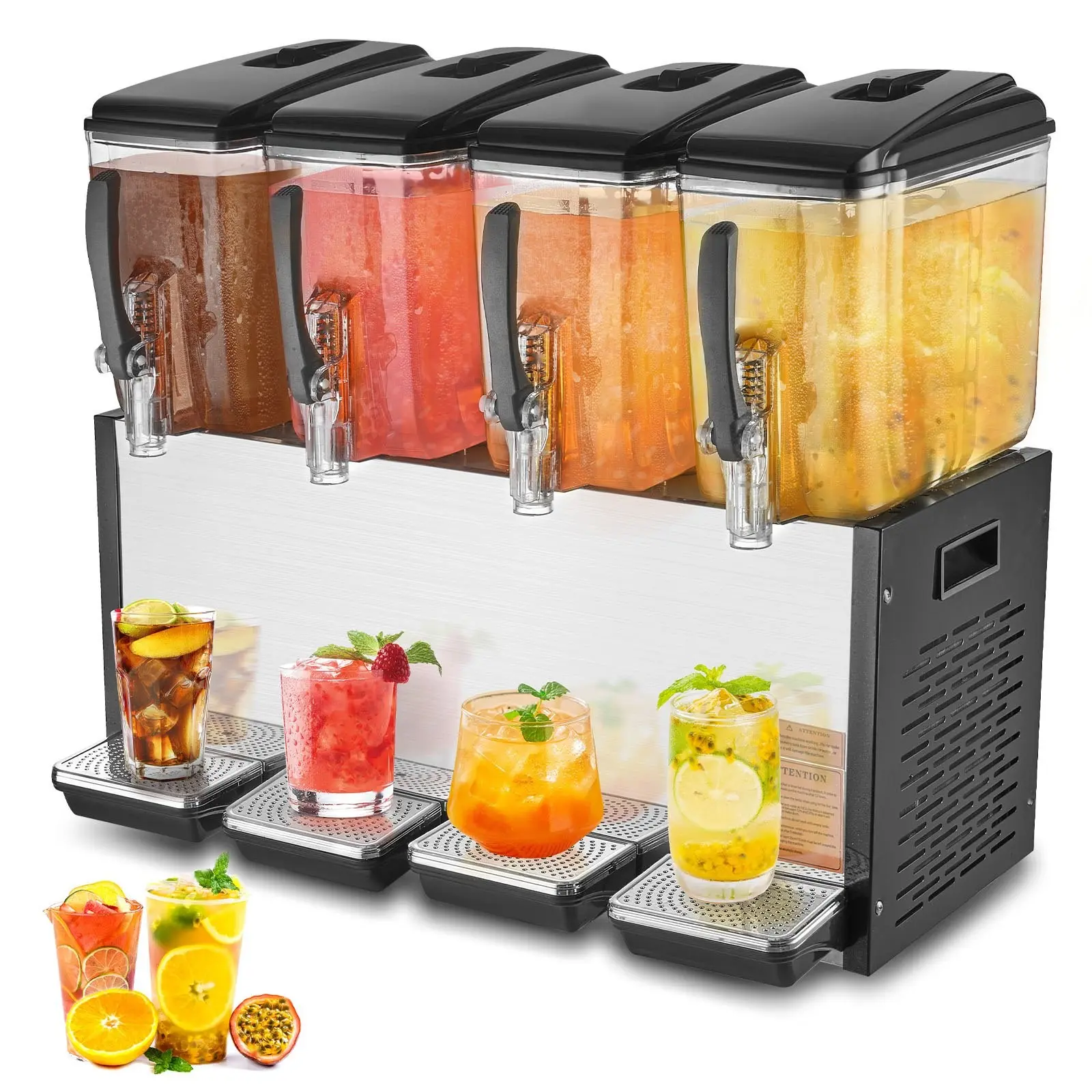 Commercial Beverage Dispenser 12L Capacity Each Tank: 4-Tank Cold Juice Ice Drink Station With Transparent Reservoirs, Sturdy Stainless Steel Frame, Quick-Release Lids, Leakproof Faucets, Ideal For Cafes, Restaurants