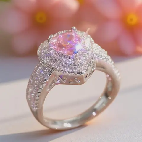 Women's Chunky Heart Cluster Cubic Zirconia Statement Ring - Cute Diamond-Like Female Jewelry, August Wedding Gift Accessory