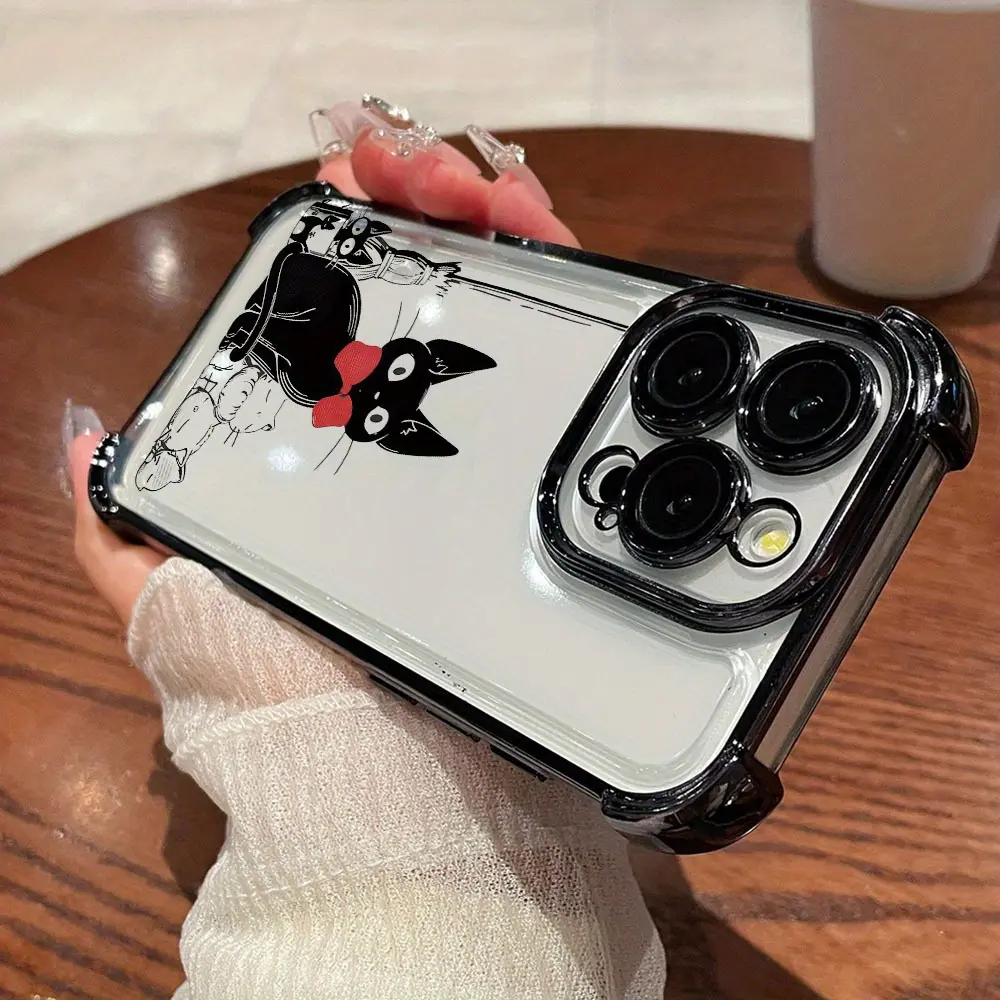 Premium Japanese Anime Kiki & Black Kitten Cartoon Smartphone Case - Luxury Creative Accessory for Handheld Cellphone Devices, Black Border, Anti-Drop, Semi-Transparent Back, Compatible with iPhone 16 16e 15 14 13 12 Mini 11 Pro Max X XR XS MAX 8 7 e Plus