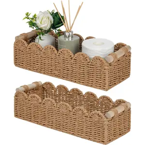 Bathroom Basket Organizer, Toilet Tank Paper Storage Baskets 2-Pack, Scalloped Decorative Basket for Countertop w/Handle, Wicker Basket for Bathroom Decor, Home Decor, Living Room, Neutral