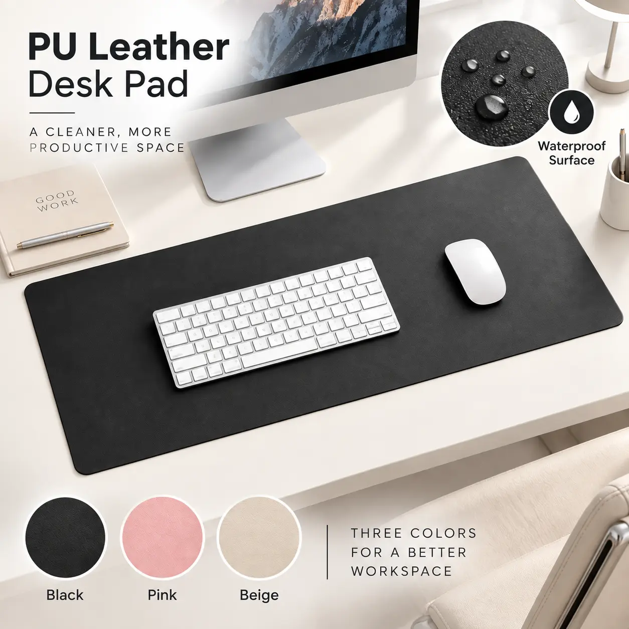KTRIO Large PU Leather Desk Mat, 31.5 x 11.8 in Waterproof Mouse Pad and Desk Protector, Smooth Non-Slip Desk Pad for Office, Home and Gaming, Black