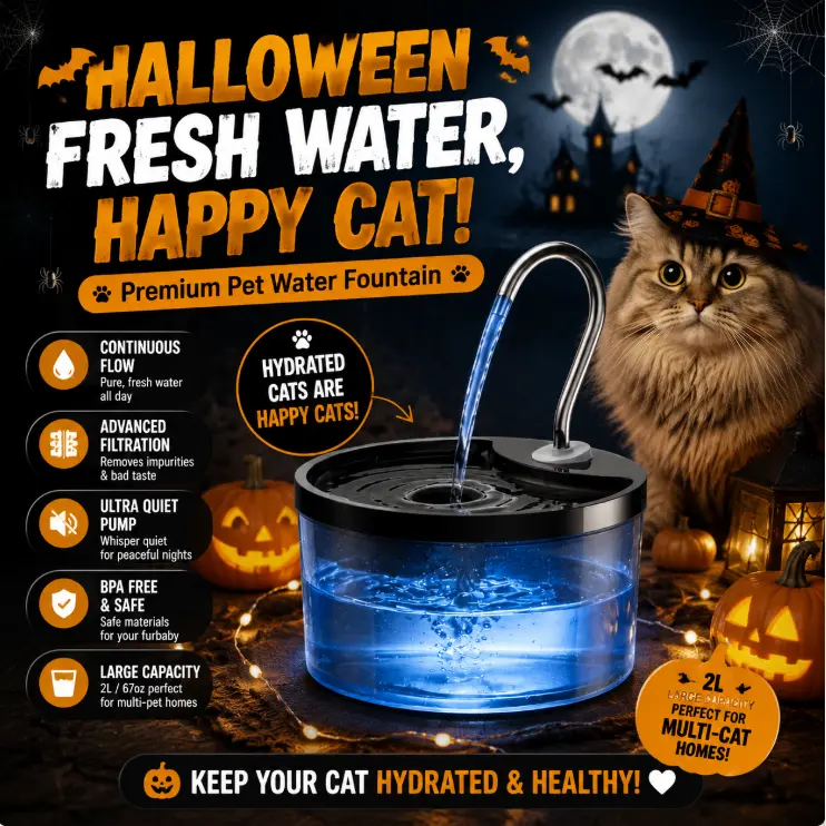 Halloween Silent Cat Water Fountain 2.1L Pet Water Fountain Ultra-Quiet Copper Spout Night Light 6-Layer Filter Soft Blue LED Automatic Gravity Feeder|Wired plug-in model