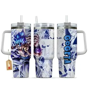 Gogeta Blue Tumbler 40oz with Handle, Fusion Warrior Aesthetic Cup, Dragon Ball Anime Fighter Mug, Super Saiyan Power Style Travel Mug, Anime Fan Gift, Stainless Steel Tumbler