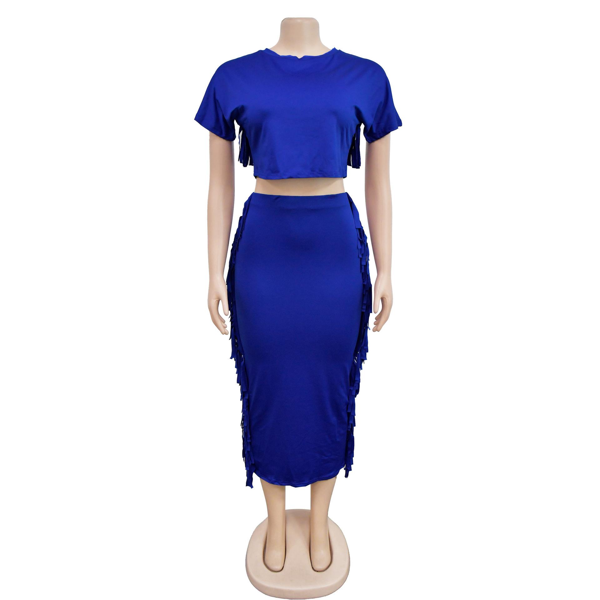 FashionableStyle Solid Color Fringe Round Neck Short Sleeve Long Dress Two-Piece Set