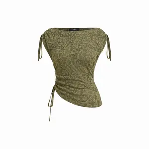 Cider Jacquard Boat Neck Drawstring Ruched Asymmertrical Top SwimWeek