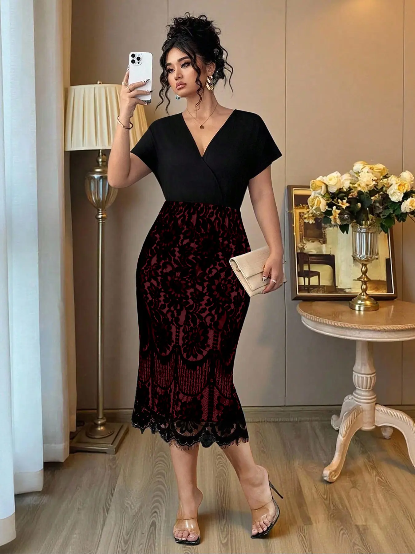Plus Size Solid V Neck A Line Fitted Dress, Elegant Chic Bishop Sleeve Patchwork Dress for Party Holiday Wedding Guest, Women's Clothes for Spring & Fall Womenswear Lady - TikTok Shop Plus Size Solid V Neck A Line Fitted Dress, Elegant Chic Bishop Sleeve Patchwork Dress for Party Holiday Wedding Guest, Women's Clothes for Spring & Fall Womenswear Lady - TikTok Shop
