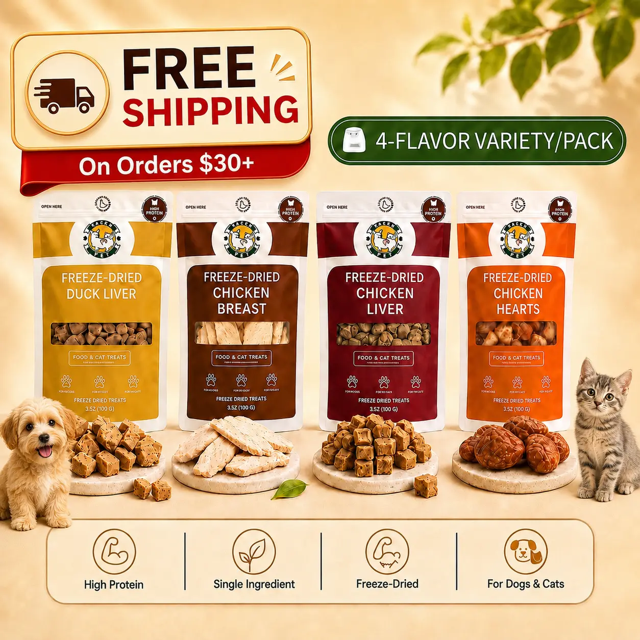 Peach Pet 4-Pack (3.5oz Each) Freeze-Dried Treats for Cats & Dogs | Variety Pack | Chicken Breast, Chicken Liver, Chicken Heart & Duck Liver | All-Natural | High Protein backtoschool