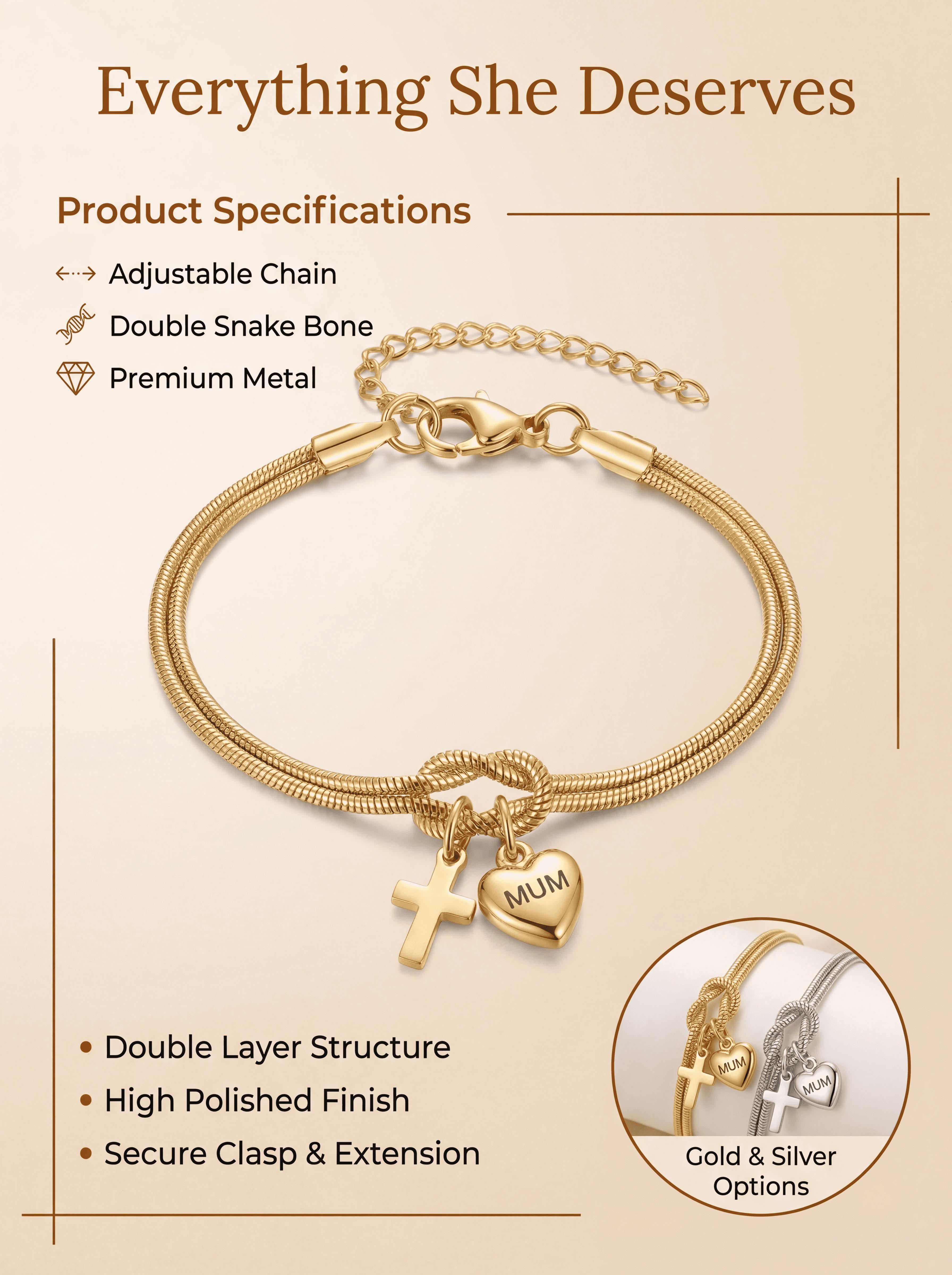 Mother's Day Gift - "MUM" Heart & Cross Snake Chain Bracelet for Women, 18K Gold/Silver Plated Stainless Steel Jewelry, Elegant Faith & Love Charm Bracelet for Mom, Grandma, Wife, Anniversary Gift with Gift Box