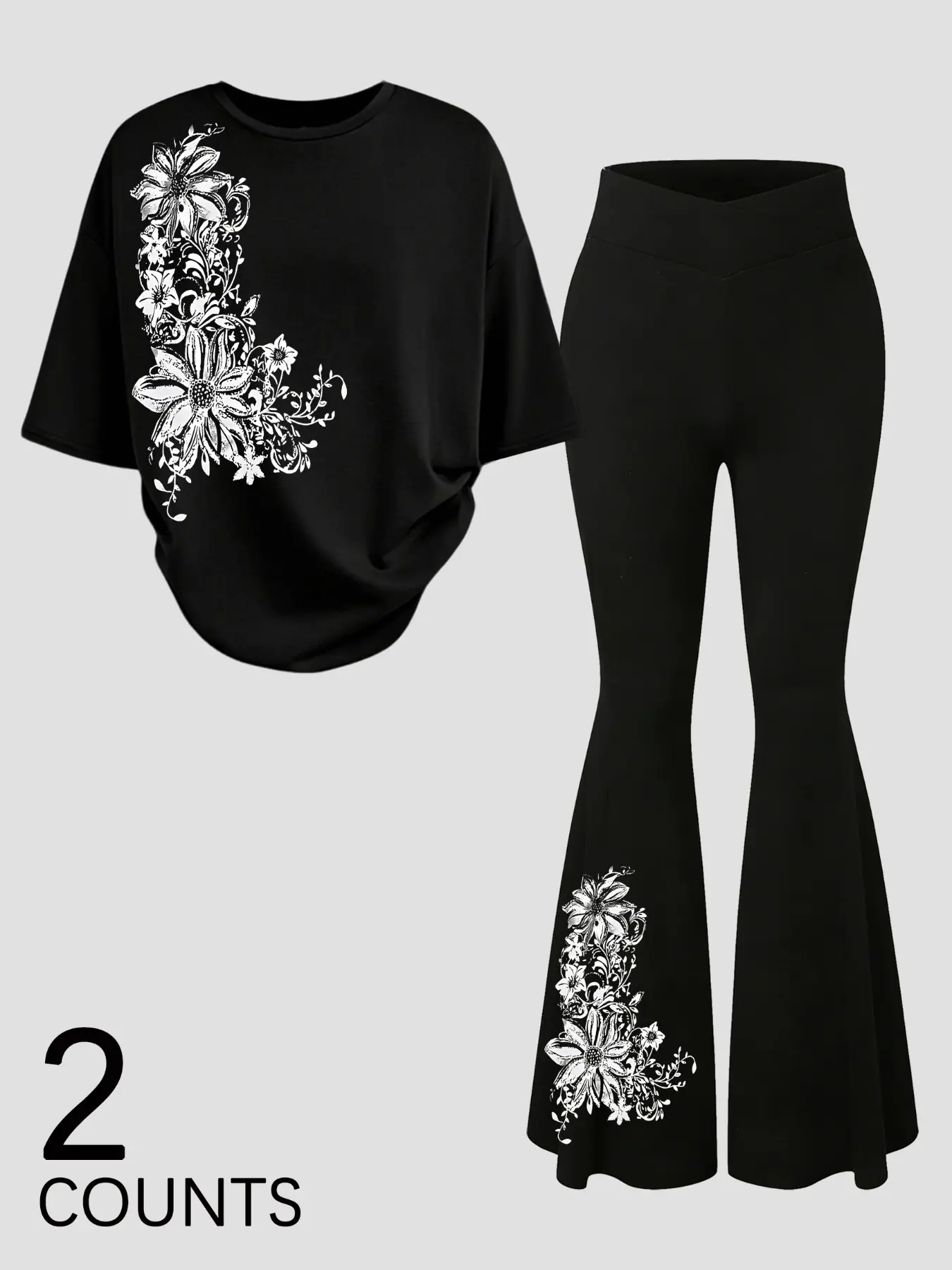 Two-piece women's Gothic Graphic floral print outfit: Short T-shirt and leggings, featuring an elegant design and soft fabric, perfect for casual dates and everyday wear, including workouts, Womenswear