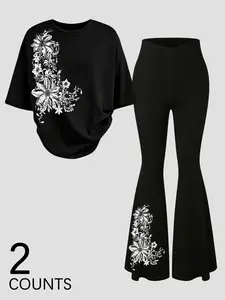 Two-piece women's Gothic Graphic floral print set: T-shirt and leggings, featuring an elegant design and soft fabric, perfect for casual dates and everyday wear, including workouts.
