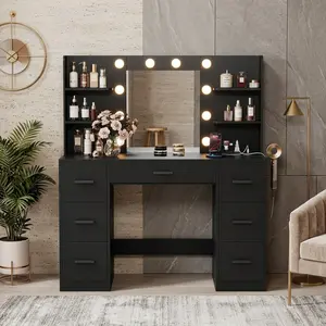 LED Lighted Makeup Vanity Desk With Mirror Built-in Power Outlet USB Port 7 Drawers 6 Open Storage Shelves Multifunctional Stable Dressing Table For Bedroom Dressing Room Home Beauty Station