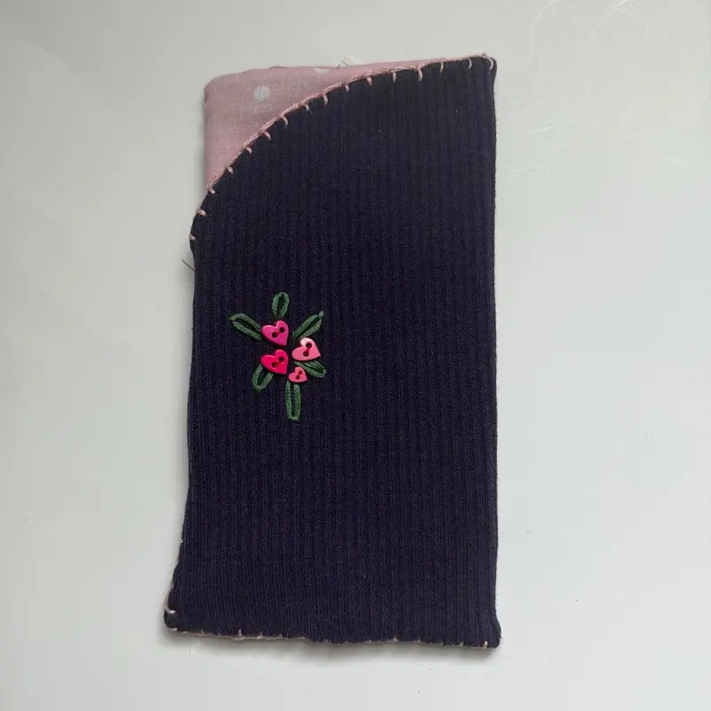 Purple and Pink Hand Embroidered Eyeglass Case Made from Up-Cycled Sweaters, One of a Kind, Handmade Gift with Heart Buttons and White & Pink Polka Dot Lining