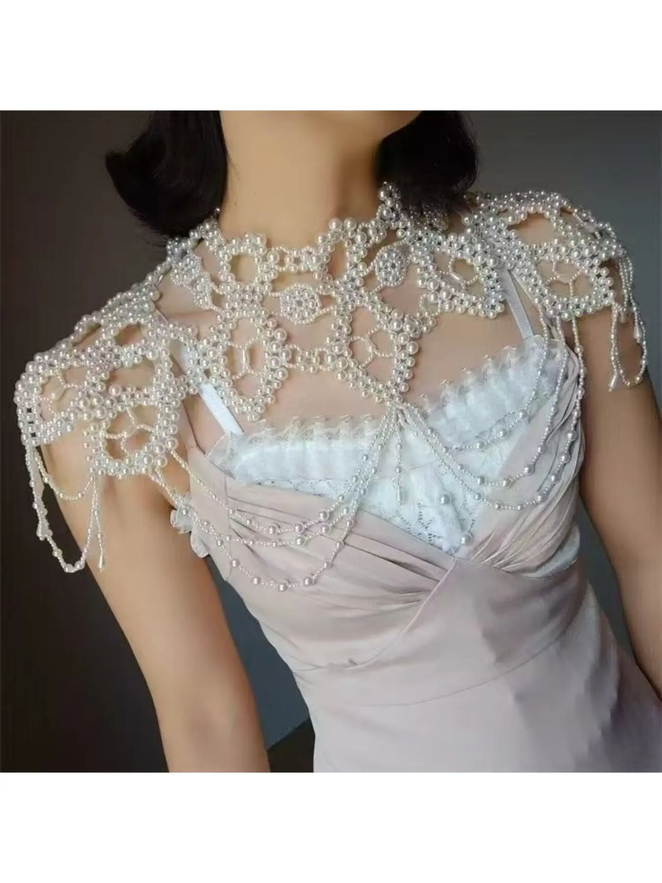 European and American Cross-border Retro Elegant Woven Beads Shawl, Pearl-Embellished Bold and Sensual Body Chain, Slim-Fit and Versatile Evening Gown