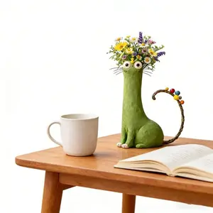 Quirky Green Cat Resin Vase with Kitten Rustic Cylindrical Planter for Home Office Decor Perfect as Centerpiece Desk Accessory or Shelf Display Adds Touch of Style to Modern or Traditional Rooms