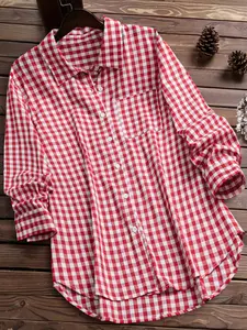 Women's Elegant Casual Plaid Woven Shirt with Pockets, Long Sleeve Fitted Collared Button Front Blouse, All-Season Fashion Top for Ladies Womenswear, Casual Outdoor Shirt
