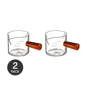 KAWASIMAYA Glass Coffee Measuring Cup with Scale - Espresso Extraction Cup with Wooden Handle - Set of 2, 3.4 oz Capacity Each