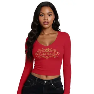 V-Neck Long Sleeve Ribbed Top - Red