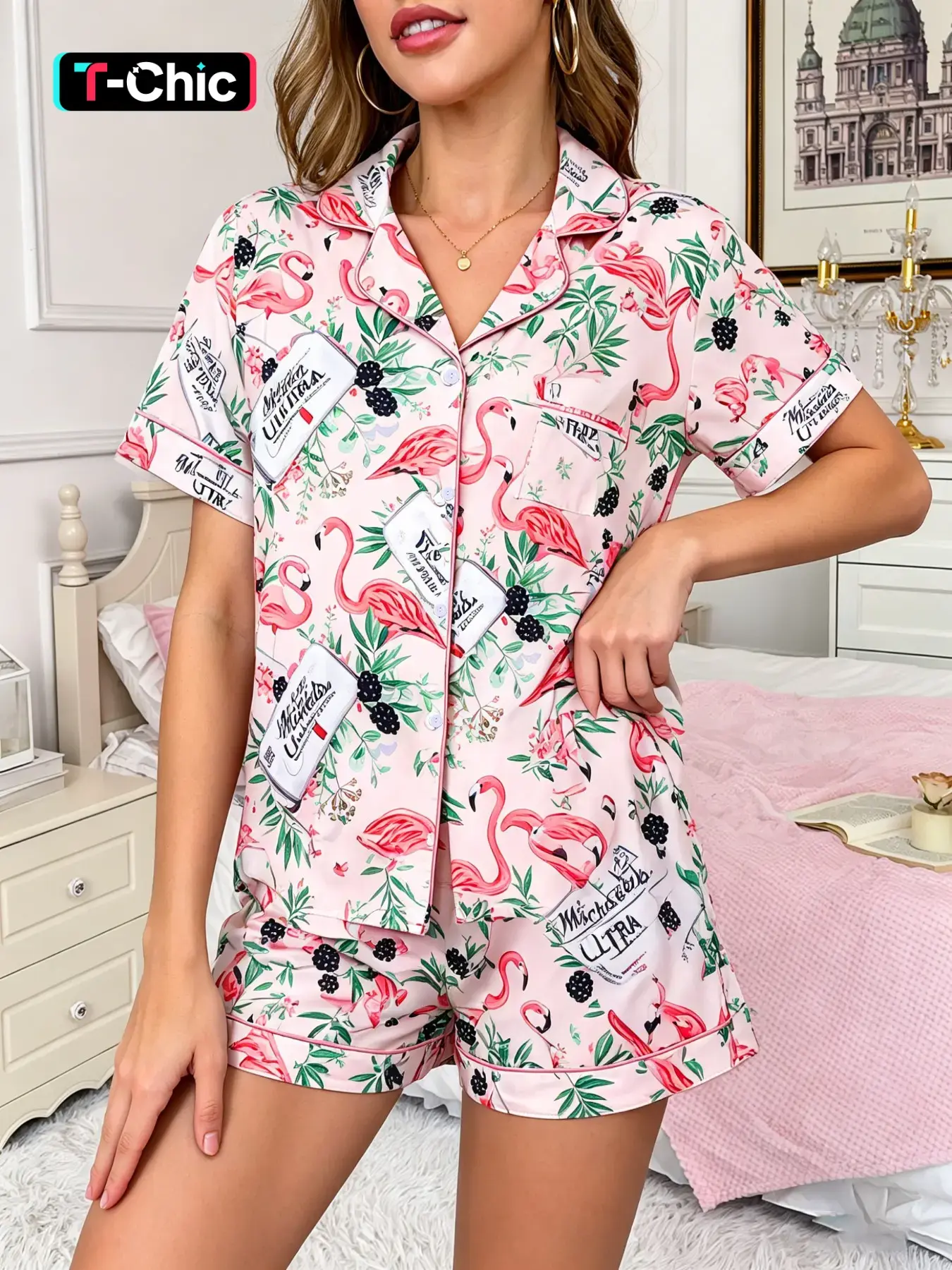 2-piece women's foundation make-up all over grape leaf beer can pink red crowned crane Animal pattern printed short sleeved shorts soft comfortable top small pocket lapel design elastic waistband home casual Loungewear Nightwear women's pajamas set