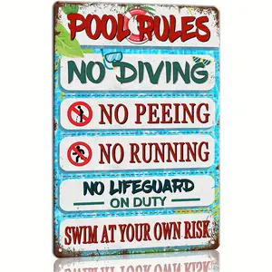 1pc Rustic Iron Wall-Mounted Pool Rules Sign, 8x12 Inch, Vintage "Swim at Your Own Risk" Decor, Waterproof and Durable Outdoor Pool Party Art, No Electricity or Battery Needed