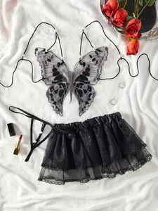 Women's Sexy Lace Lingerie Set, Transparent Mesh Vest & Fitted Shorts, Soft & Breathable Two-Piece Sleepwear, Perfect for Romantic Nights, Butterfly