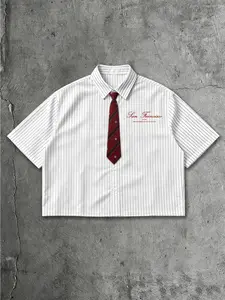 1 Piece Men's American Vintage Preppy Style Shirt, Striped Short Sleeve Button Down With Tie, Ideal For Campus Daily And Street Outfits
