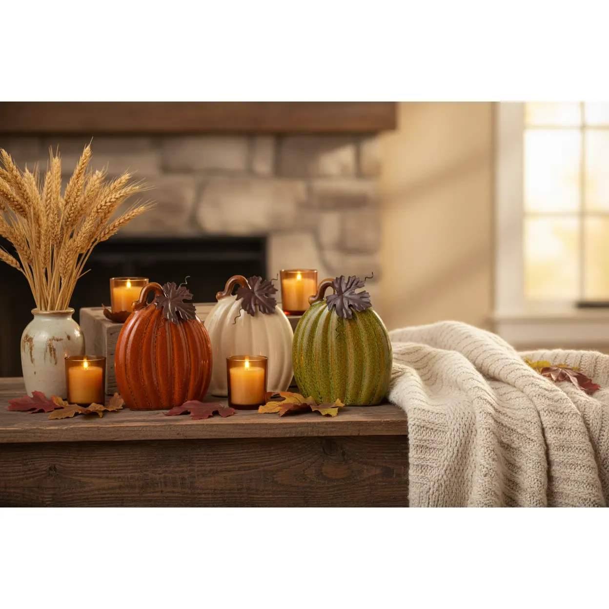 Ceramic Pumpkin with Metal Leaf – 6 Inch