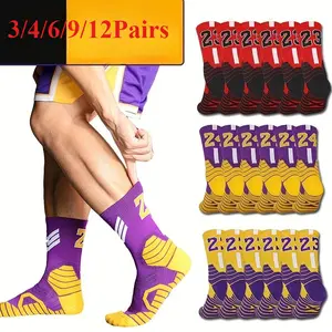 Men's Knee-Length Sports Socks - 3/4/6/9/12 Pairs, Tight Fit, Cartoon Print, Anti-Slip, Thick Black/White Midsole, for Football, Basketball, Fashionable